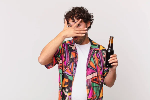 Hispanic Man Beer Looking Shocked Scared Terrified Covering Face Hand — Stock Photo, Image