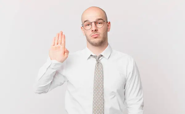 Bald Businessman Looking Serious Stern Displeased Angry Showing Open Palm — Stock Photo, Image