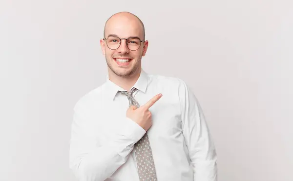 Bald Businessman Smiling Cheerfully Feeling Happy Pointing Side Upwards Showing — Stock Photo, Image