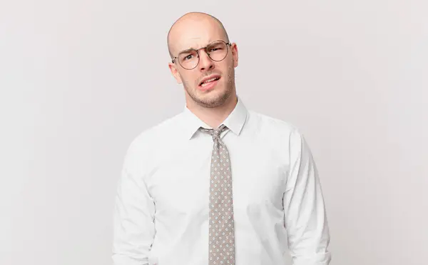 Bald Businessman Feeling Puzzled Confused Dumb Stunned Expression Looking Something — Stockfoto