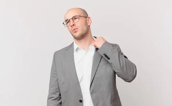 Bald Businessman Feeling Stressed Anxious Tired Frustrated Pulling Shirt Neck — Stock Photo, Image