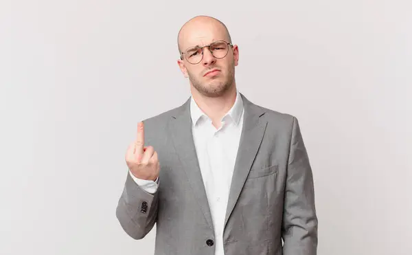 Bald Businessman Feeling Angry Annoyed Rebellious Aggressive Flipping Middle Finger — Stock Photo, Image