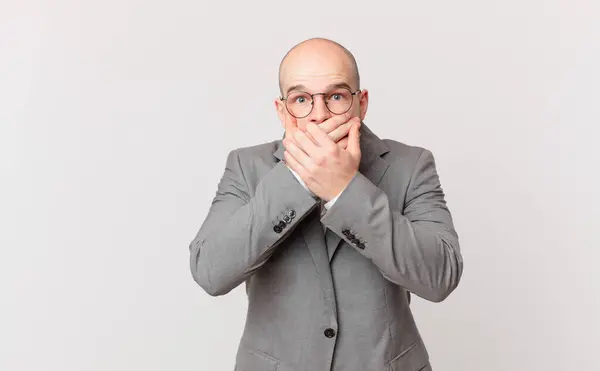 Bald Businessman Covering Mouth Hands Shocked Surprised Expression Keeping Secret — Stock Photo, Image