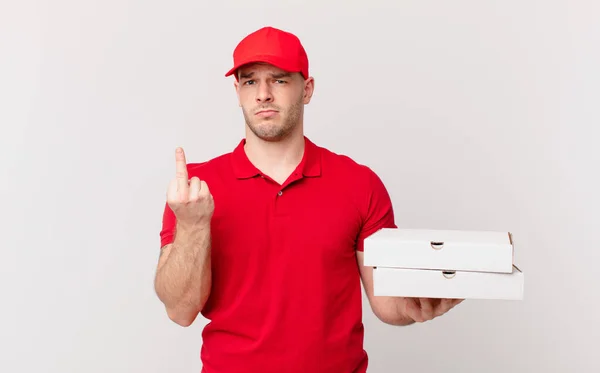 Pizza Leverera Man Känner Sig Arg Irriterad Upprorisk Och Aggressiv — Stockfoto