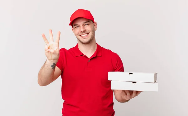 Pizza Leveren Man Glimlachend Zoek Vriendelijk Tonen Nummer Drie Derde — Stockfoto