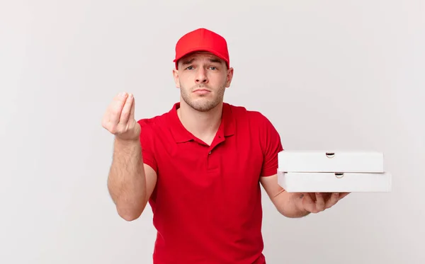 Pizza Leverera Man Gör Capice Eller Pengar Gest Säger Till — Stockfoto