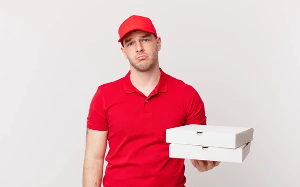 Pizza Leveren Man Verdrietig Zeurderig Met Een Ongelukkige Blik Huilen — Stockfoto