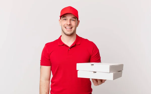 Pizza Deliver Man Looking Happy Pleasantly Surprised Excited Fascinated Shocked — Stock Photo, Image