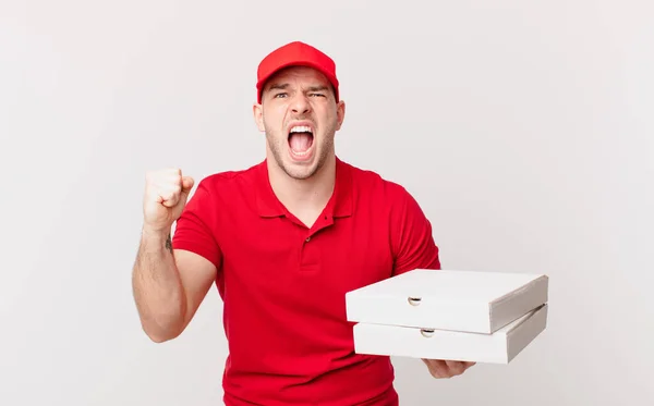 Pizza Leverera Man Skriker Aggressivt Med Ett Argt Uttryck Eller — Stockfoto