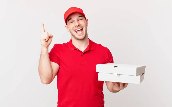 Pizza Deliver Man Feeling Happy Excited Genius Realizing Idea Cheerfully — Stock Photo, Image