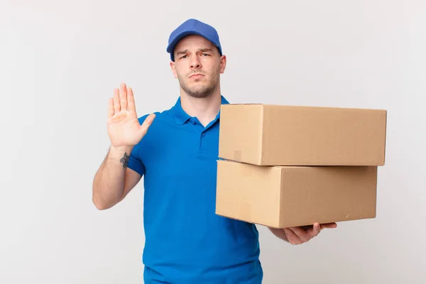 Package Deliver Man Looking Serious Stern Displeased Angry Showing Open — Stock Photo, Image