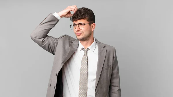 Businessman Feeling Puzzled Confused Scratching Head Looking Side — Stock Photo, Image
