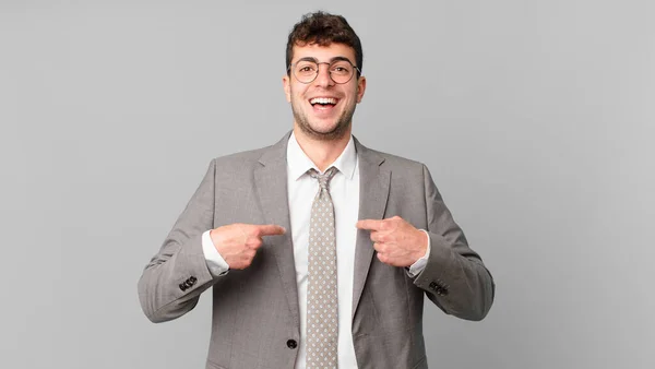 Businessman Feeling Happy Surprised Proud Pointing Self Excited Amazed Look — Stock Photo, Image