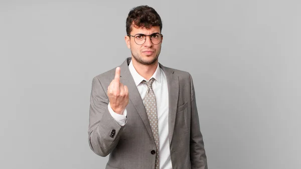 Hombre Negocios Sintiéndose Enojado Molesto Rebelde Agresivo Volteando Dedo Medio —  Fotos de Stock