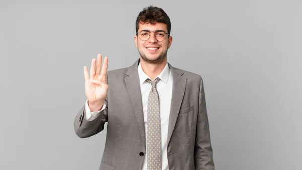 Businessman Smiling Looking Friendly Showing Number Four Fourth Hand Forward — Stock Photo, Image