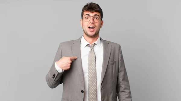 Businessman Looking Shocked Surprised Mouth Wide Open Pointing Self — Stock Photo, Image