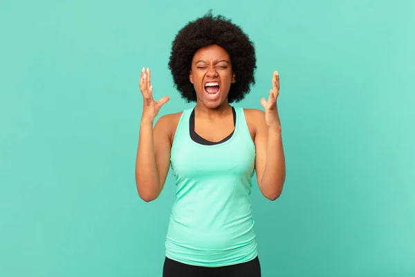 Black Afro Woman Furiously Screaming Feeling Stressed Annoyed Hands Air — Stock Photo, Image