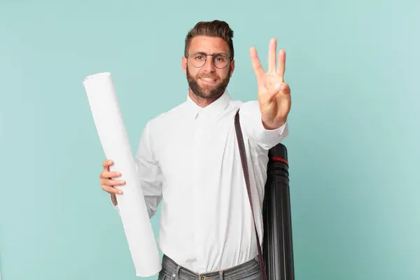 Young Handsome Man Smiling Looking Friendly Showing Number Three Architect — Φωτογραφία Αρχείου