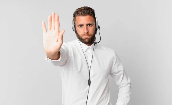 Young Handsome Man Looking Serious Showing Open Palm Making Stop — Photo