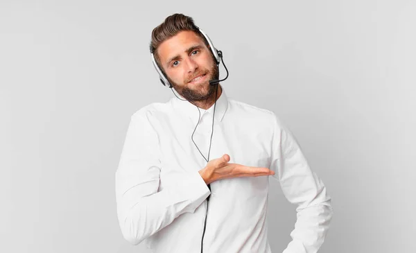 Young Handsome Man Smiling Cheerfully Feeling Happy Showing Concept Telemarketing — Stock Photo, Image