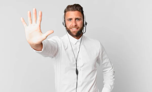 Young Handsome Man Smiling Looking Friendly Showing Number Five Telemarketing — Φωτογραφία Αρχείου