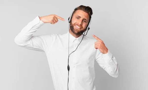 Young Handsome Man Smiling Confidently Pointing Own Broad Smile Telemarketing — Photo