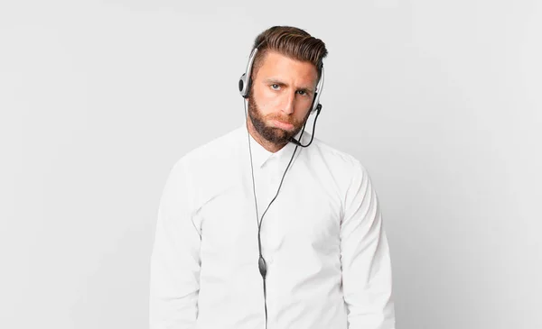 Young Handsome Man Feeling Sad Whiney Unhappy Look Crying Telemarketing — Stock Photo, Image