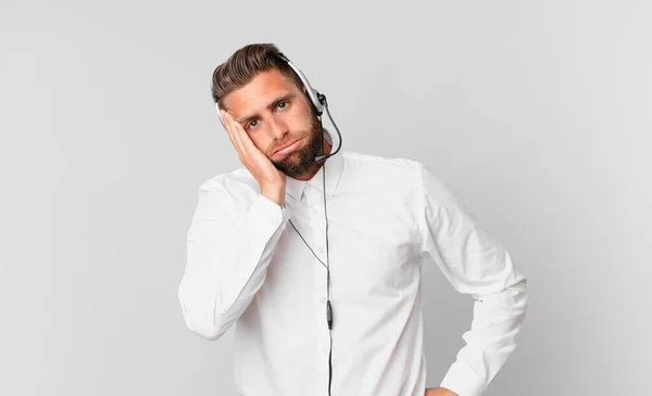 Young Handsome Man Feeling Bored Frustrated Sleepy Tiresome Telemarketing Concept — Photo