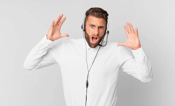 Young Handsome Man Screaming Hands Air Telemarketing Concept — Photo