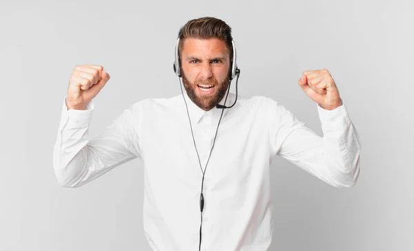 Young Handsome Man Shouting Aggressively Angry Expression Telemarketing Concept — Photo