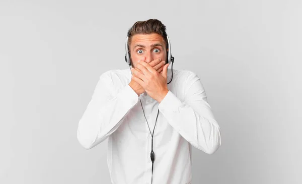 Young Handsome Man Covering Mouth Hands Shocked Telemarketing Concept — Φωτογραφία Αρχείου