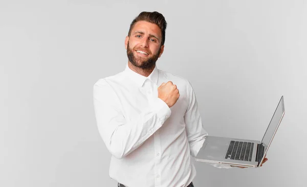 Young Handsome Man Feeling Happy Facing Challenge Celebrating Holding Laptop — Φωτογραφία Αρχείου