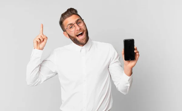 Young Handsome Man Feeling Happy Excited Genius Realizing Idea Holding —  Fotos de Stock