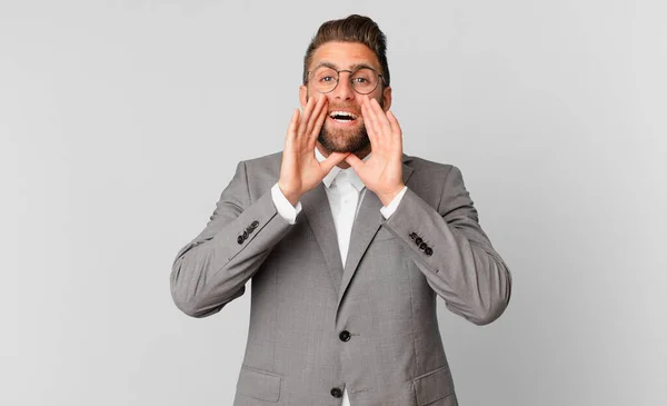 Young Handsome Man Feeling Happy Giving Big Shout Out Hands — Stock Photo, Image