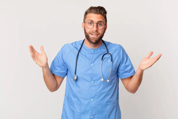 Young Handsome Man Feeling Happy Astonished Something Unbelievable Nurse Concept — Stock Photo, Image