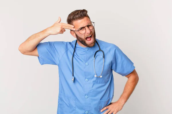 Young Handsome Man Looking Unhappy Stressed Suicide Gesture Making Gun —  Fotos de Stock