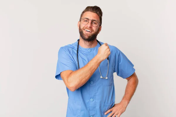 Young Handsome Man Feeling Happy Facing Challenge Celebrating Nurse Concept — Stock Photo, Image