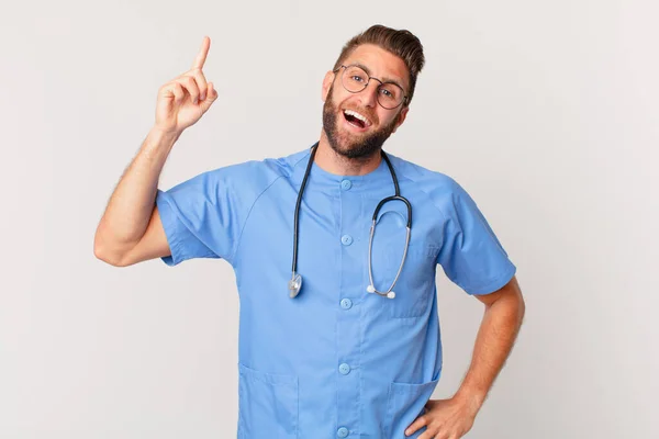 Young Handsome Man Feeling Happy Excited Genius Realizing Idea Nurse — Stok fotoğraf