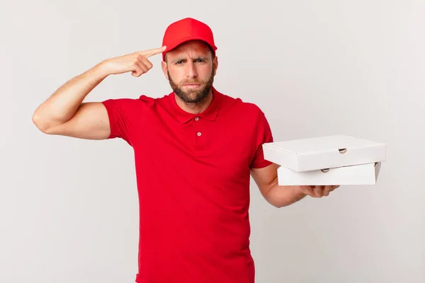 Young Handsome Man Feeling Confused Puzzled Showing You Insane Pizza — Stock Photo, Image