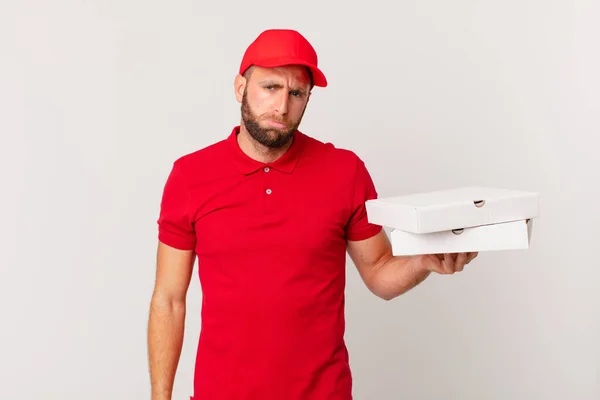 Young Handsome Man Feeling Sad Whiney Unhappy Look Crying Pizza — Stok fotoğraf