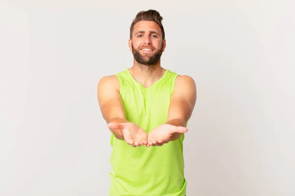 Joven Hombre Guapo Sonriendo Felizmente Con Amable Ofreciendo Mostrando Concepto — Foto de Stock