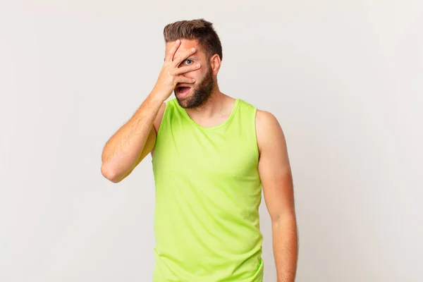Young Handsome Man Looking Shocked Scared Terrified Covering Face Hand — Stockfoto