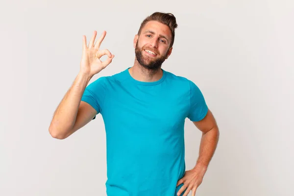 Young Handsome Man Feeling Happy Showing Approval Okay Gesture Fitness — Stockfoto