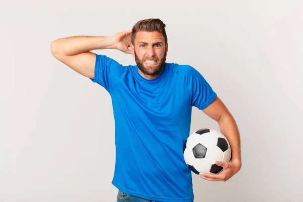 Young Handsome Man Feeling Stressed Anxious Scared Hands Head Soccer — Stock Photo, Image