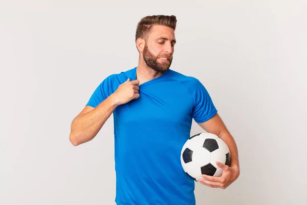 Jovem Homem Bonito Sentindo Estressado Ansioso Cansado Frustrado Conceito Futebol — Fotografia de Stock