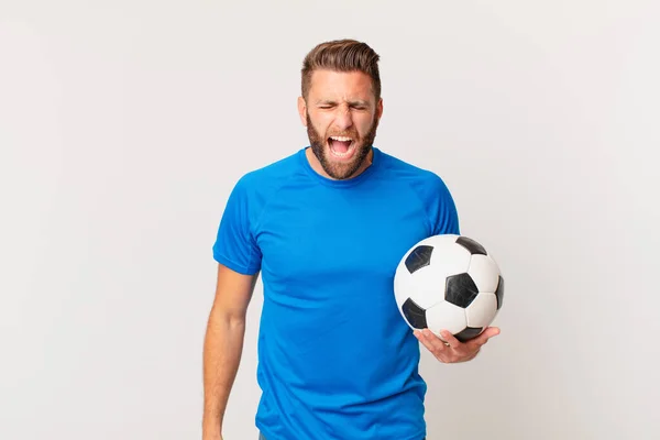Young Handsome Man Shouting Aggressively Looking Very Angry Soccer Concept — Stock Photo, Image