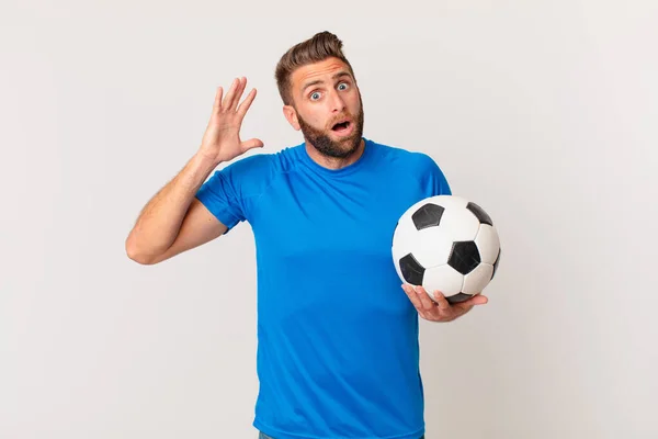 Young Handsome Man Screaming Hands Air Soccer Concept — Stock Photo, Image