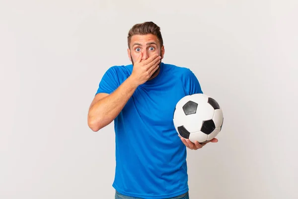 Young Handsome Man Covering Mouth Hands Shocked Soccer Concept — Stock Photo, Image