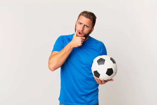 Young Handsome Man Mouth Eyes Wide Open Hand Chin Soccer — Foto de Stock