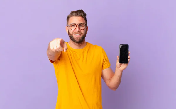 Young Handsome Man Pointing Camera Choosing You Cell Concept —  Fotos de Stock